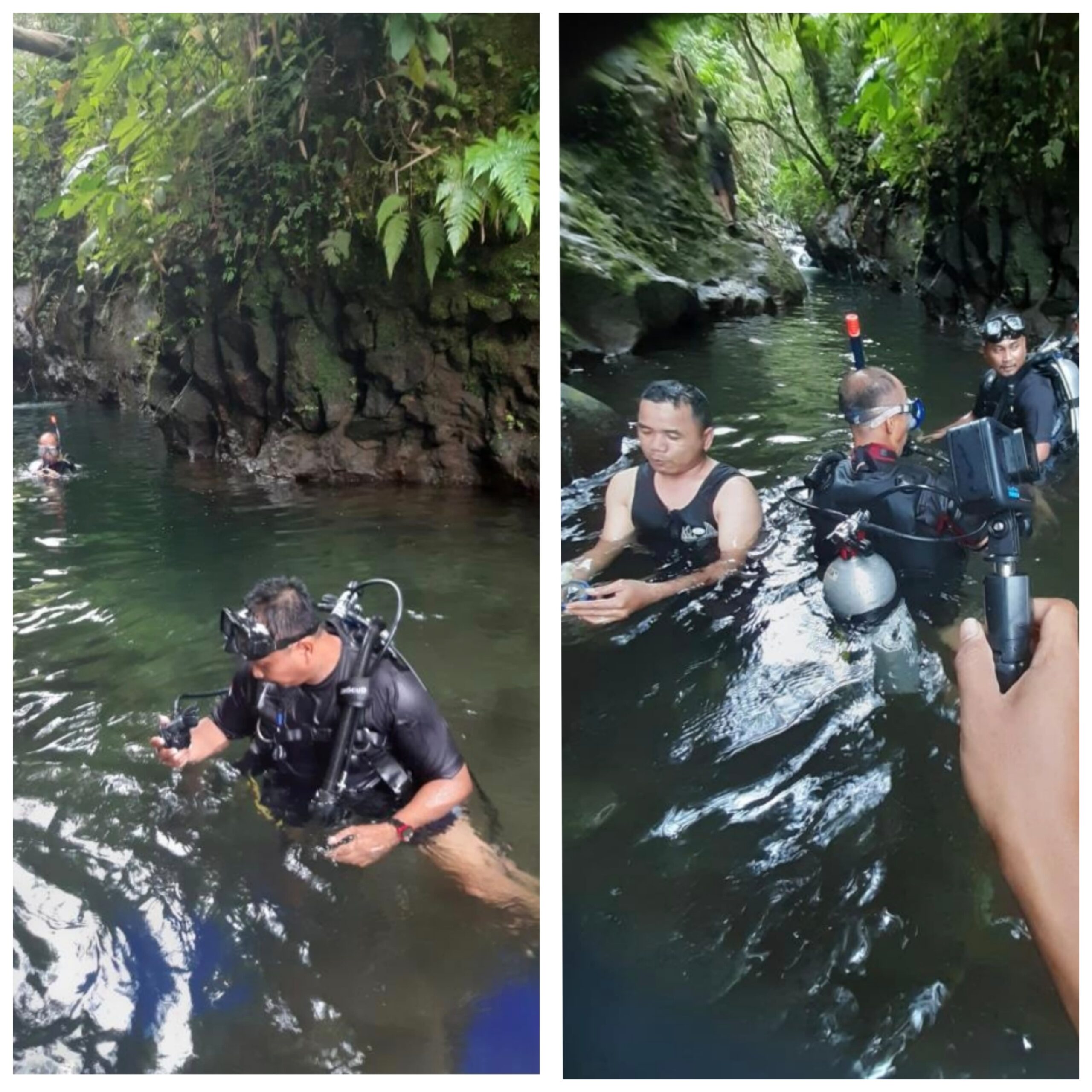 Anggota BPBD Ciamis berhasil menemukan satu unit kamera aksi yang tenggelam di Curug Panganten. Foto : BPBD Ciamis