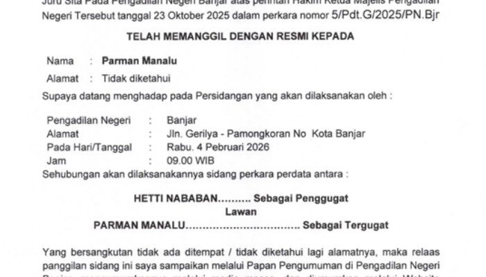 Pengadilan Negeri Banjar Kelas II Lakukan Pemanggilan Tergugat Sidang Perkara Perdata